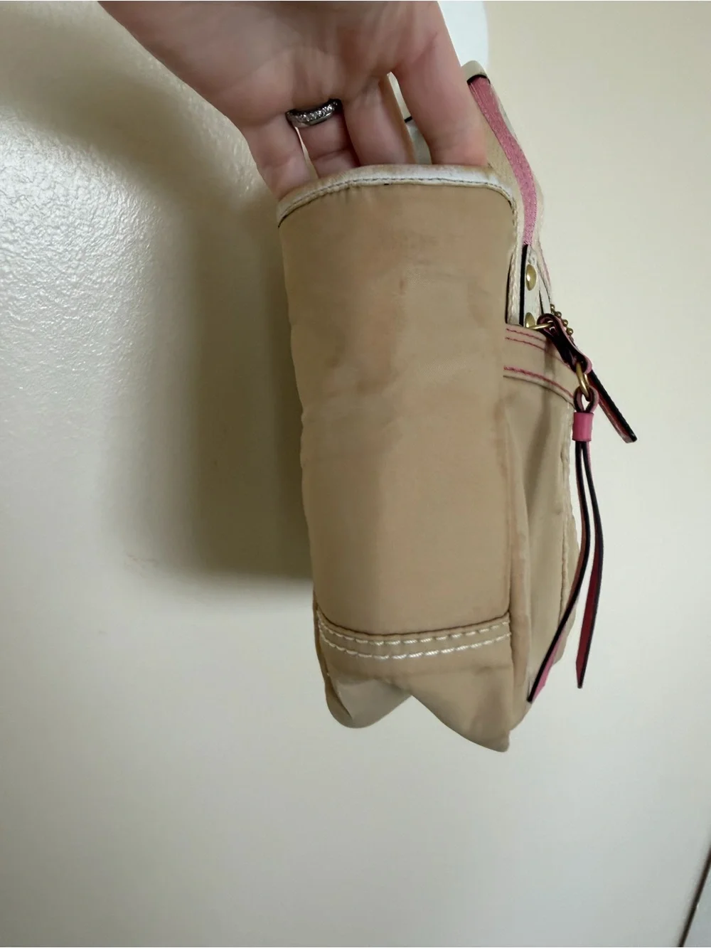 COACH MINI TOTE Brown Leather Accents - Tan & Bright Pink F10694